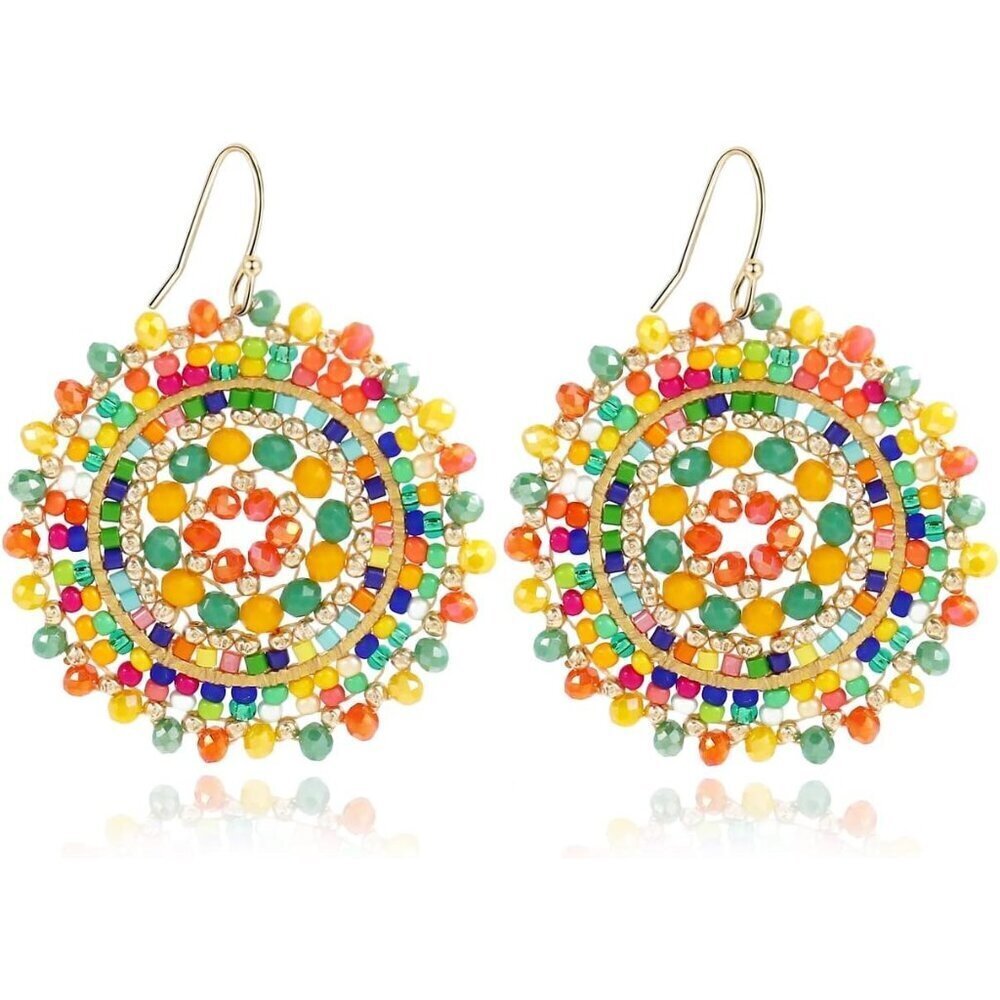 🆕 Women Yellow Summer Beaded Earrings Crystals Glass Dangle Drop Bohemia Lover